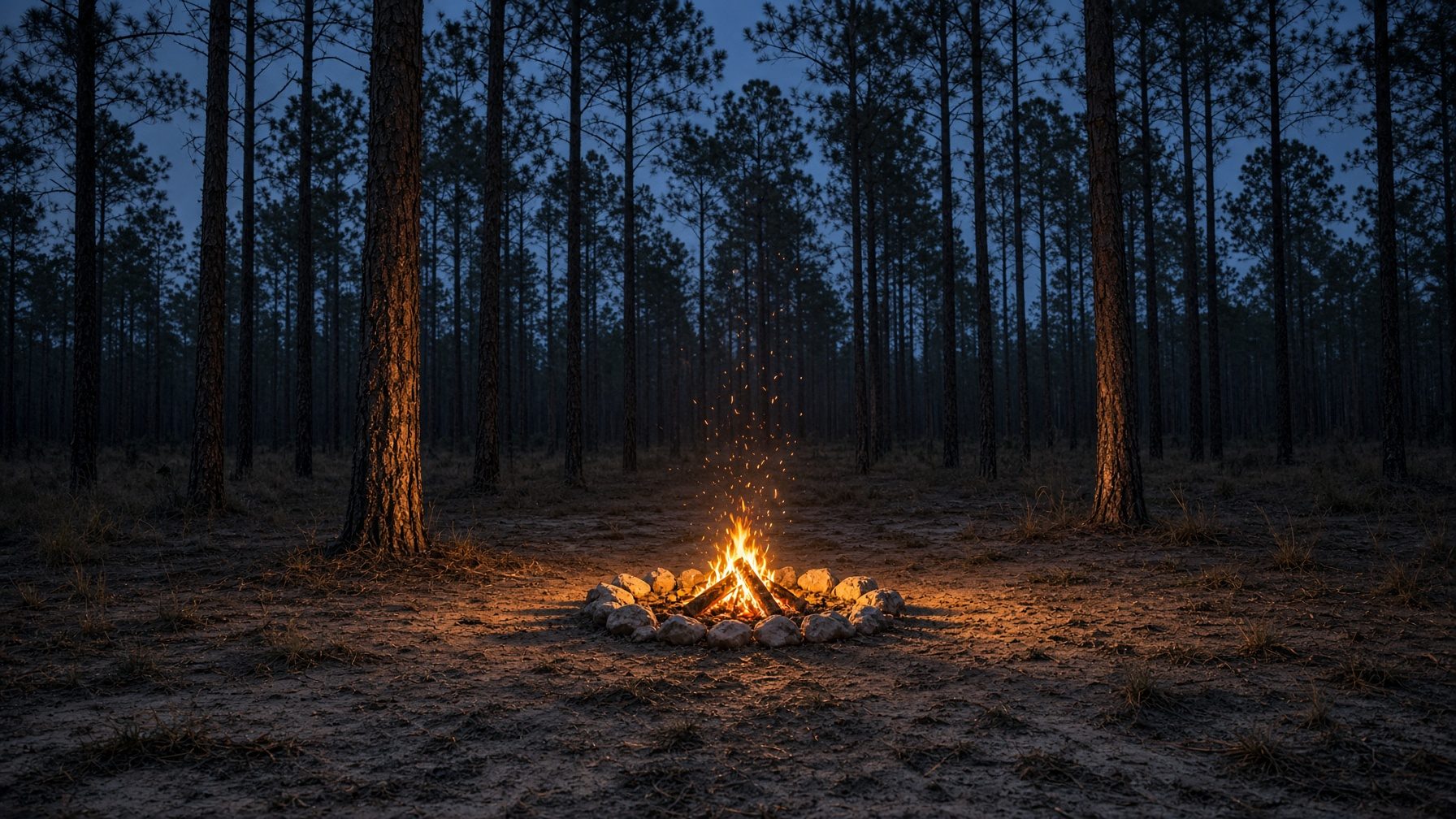 A small campfire among Florida slash pines at dusk
