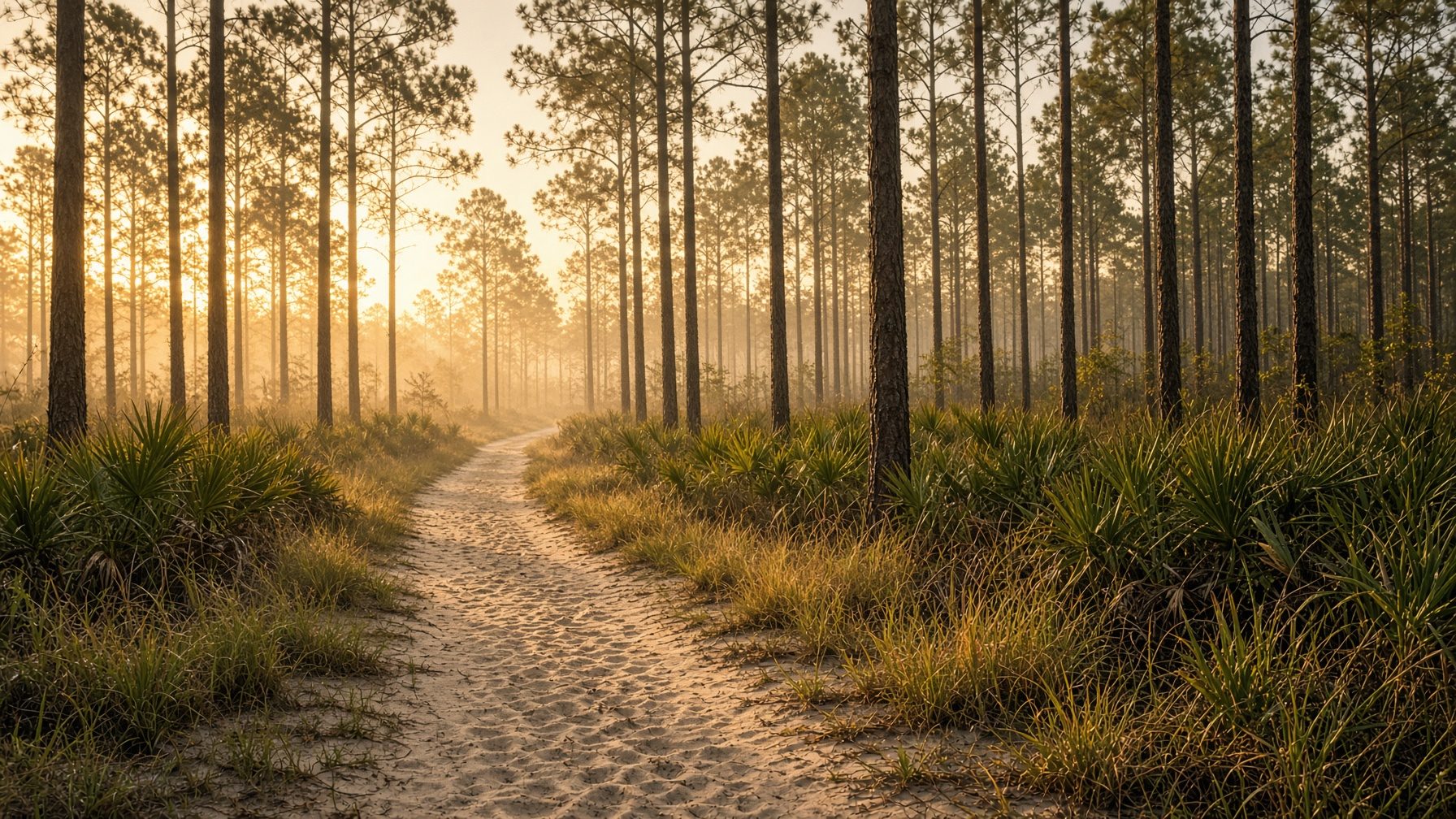 A sandy trail through Florida slash pines at golden hour