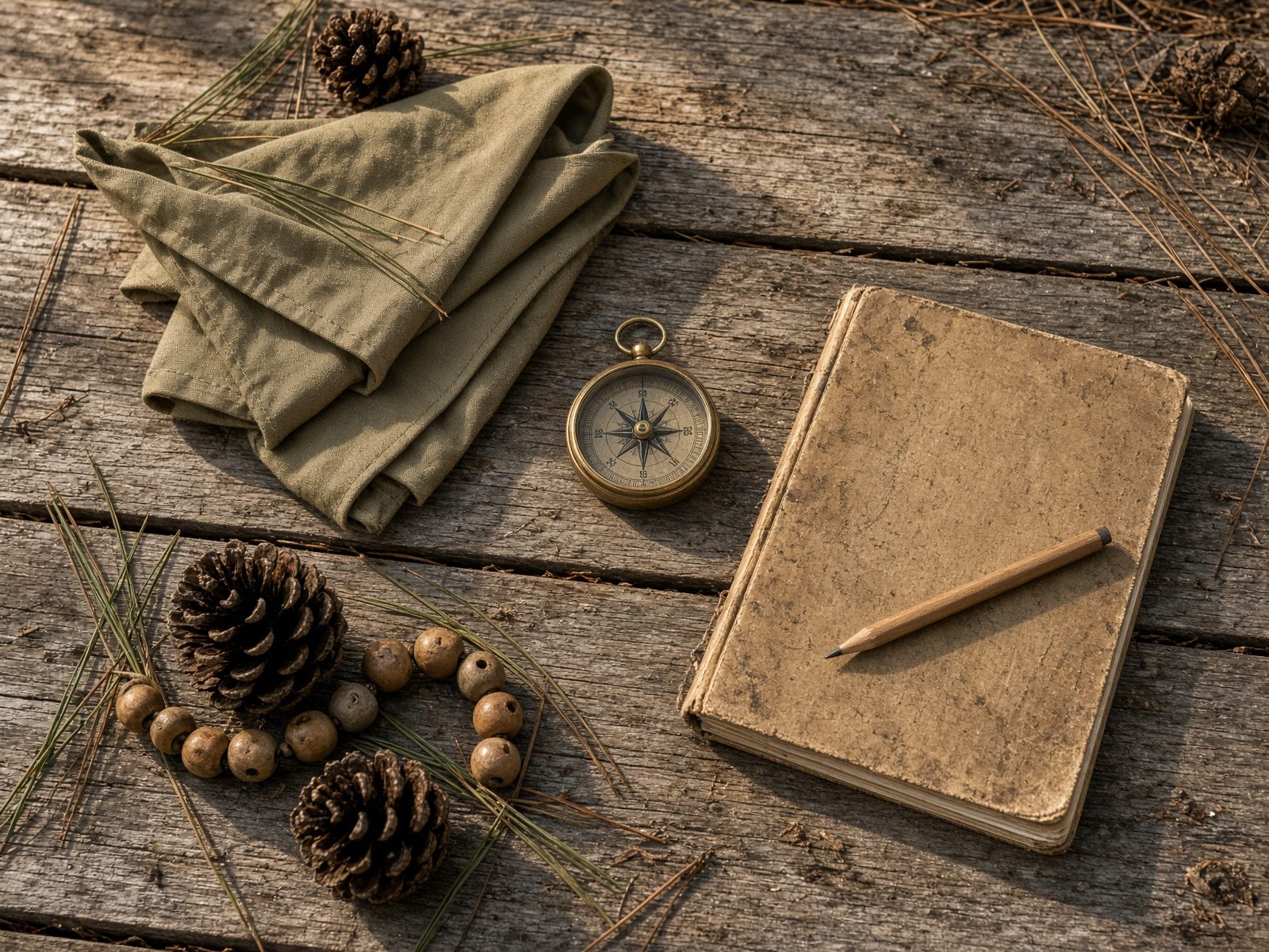 Compass, neckerchief, pinecones, and a field notebook on a picnic table