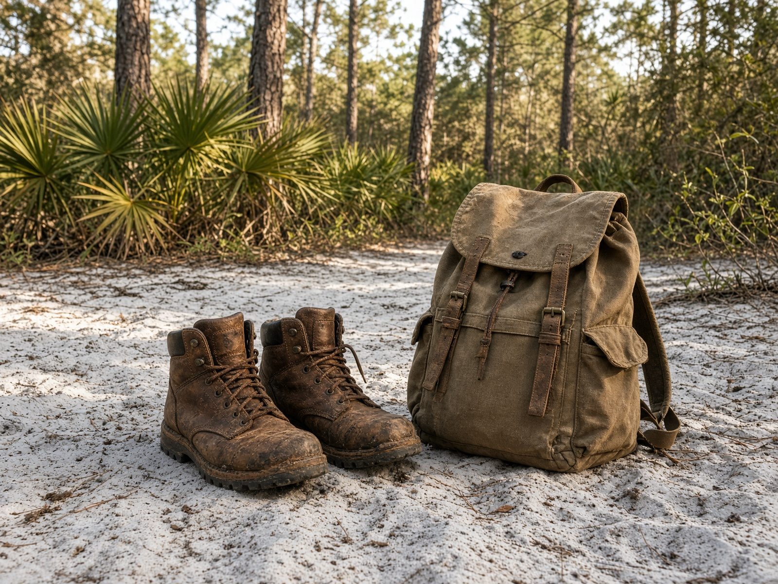 Hiking boots and a backpack at a Florida pine trailhead